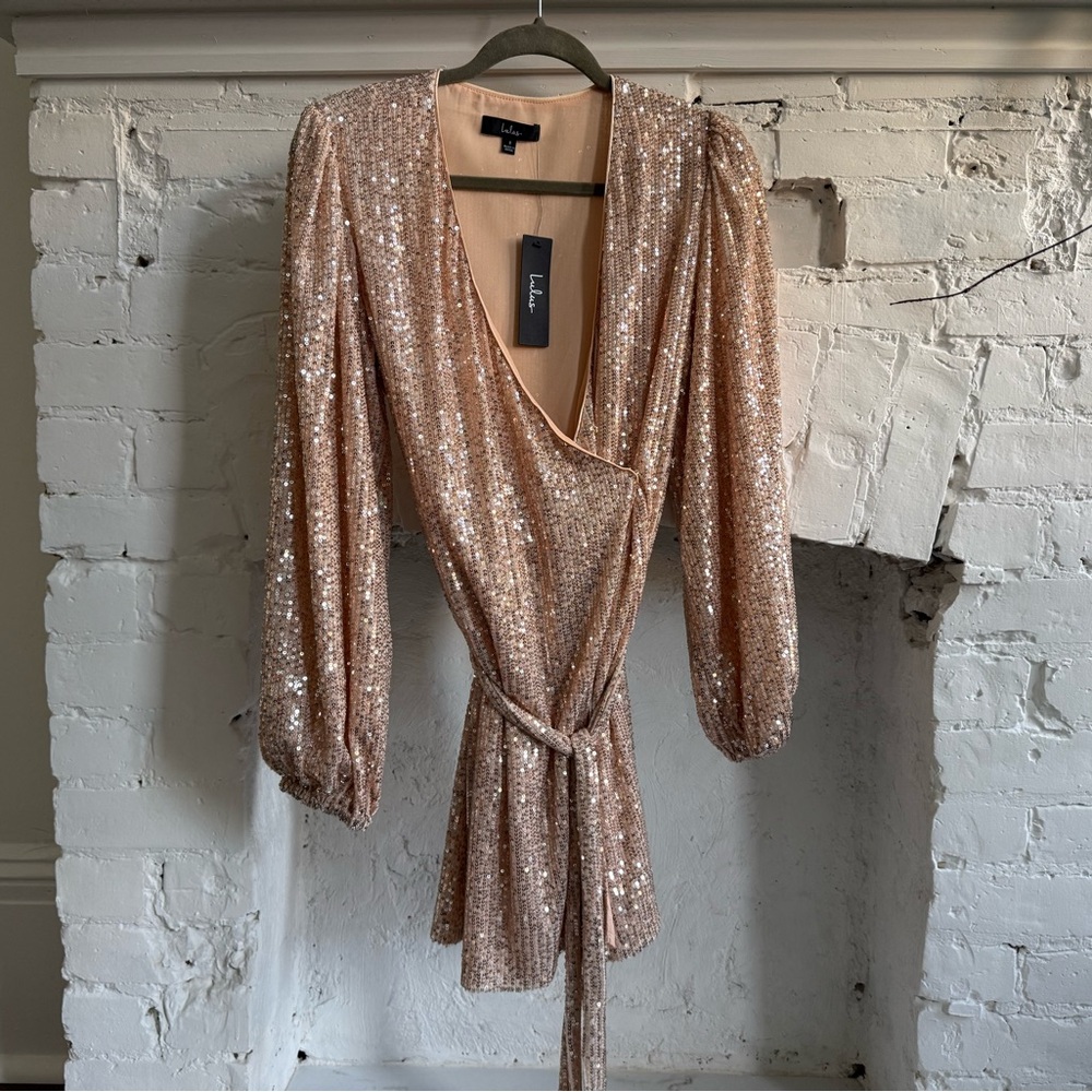 Lulus Champagne Sequin Wrap Dress
